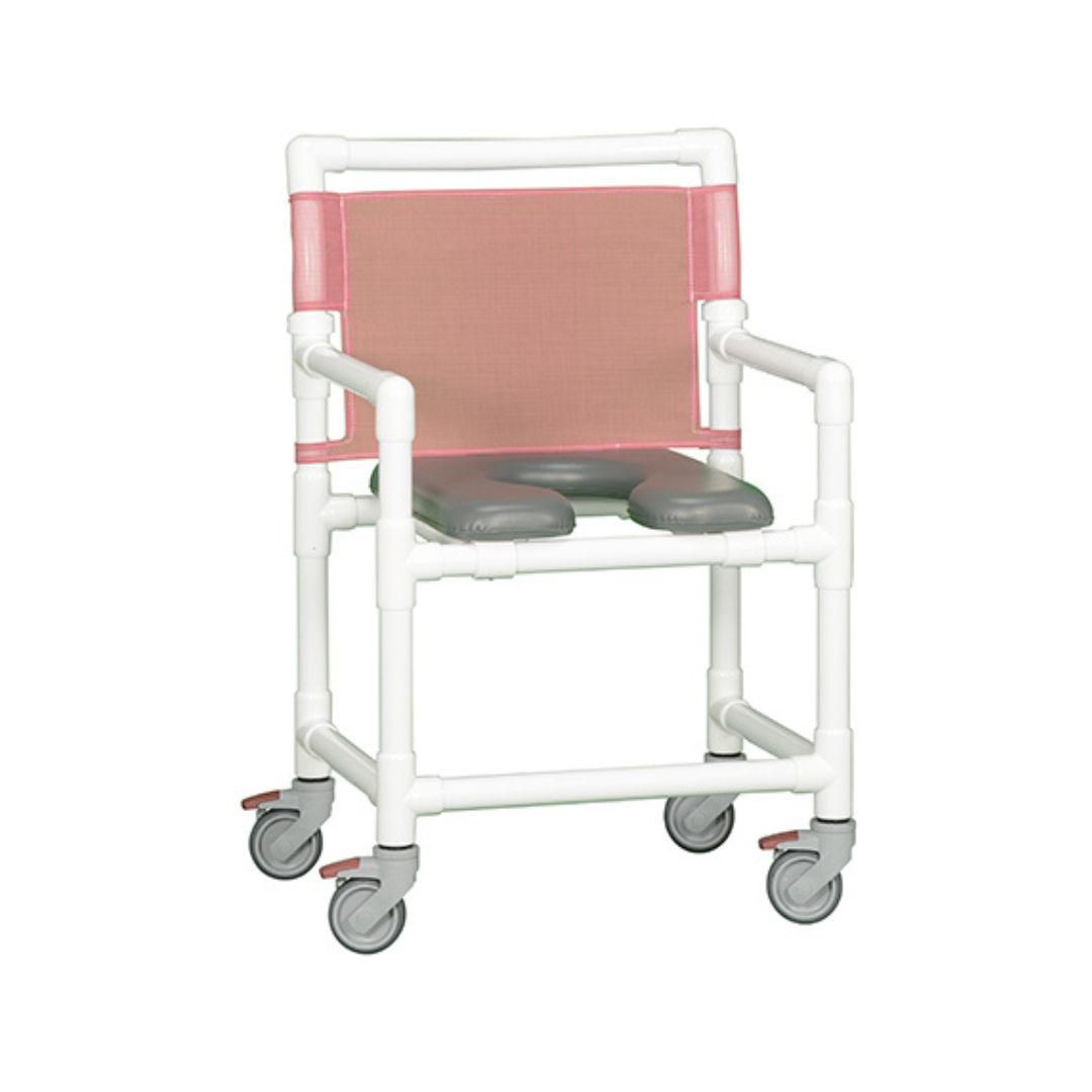 The IPU Open Front Soft Seat Rolling PVC Shower Chair has a white frame, pink mesh backrest, armrests, grey padded open seat, and four casters for safe, comfortable bathing support and improved accessibility in the bathroom.